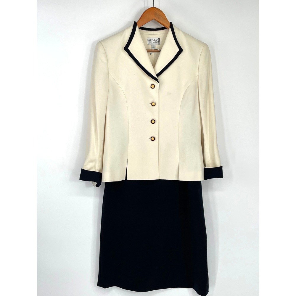Kasper ASL Women 8P Skirt Suit Set Cream Black Colorblock Professional